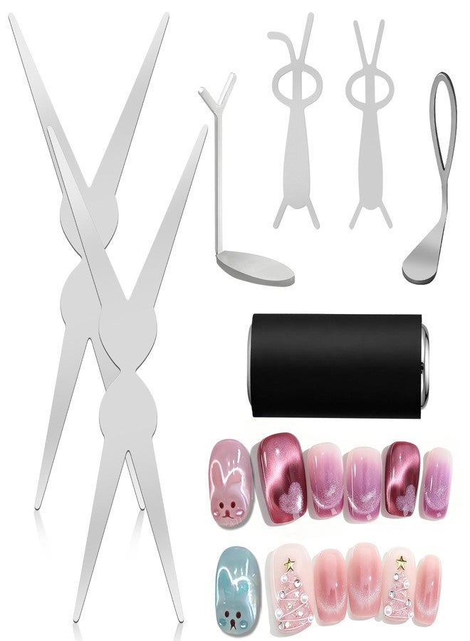 CYUXING 7Pcs Cat Eye Magnet Tool Set for Gel Polish, Professional Nail Art Kit with Cylinder Magnet, O-shaped, 2Pcs French Scissor, Heart & 2Pcs Rabbit Magnets for Salon & Home Manicure - Image 1